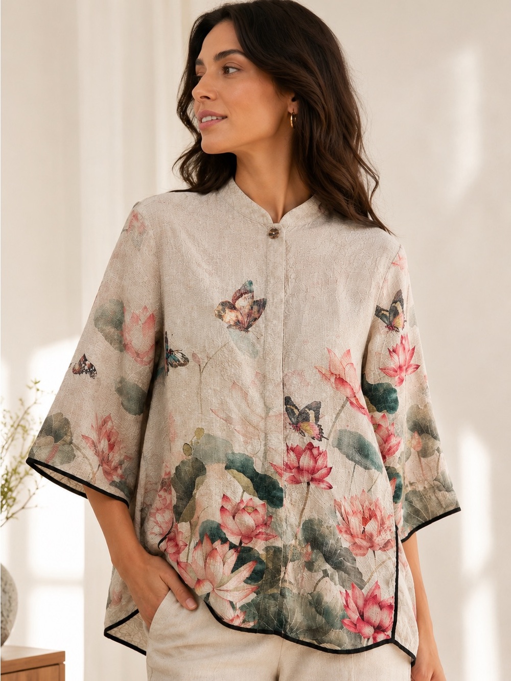 Citron Santa Monica Silk Blend Lotus Butterfly Kimono Tunic Top Sz Medium